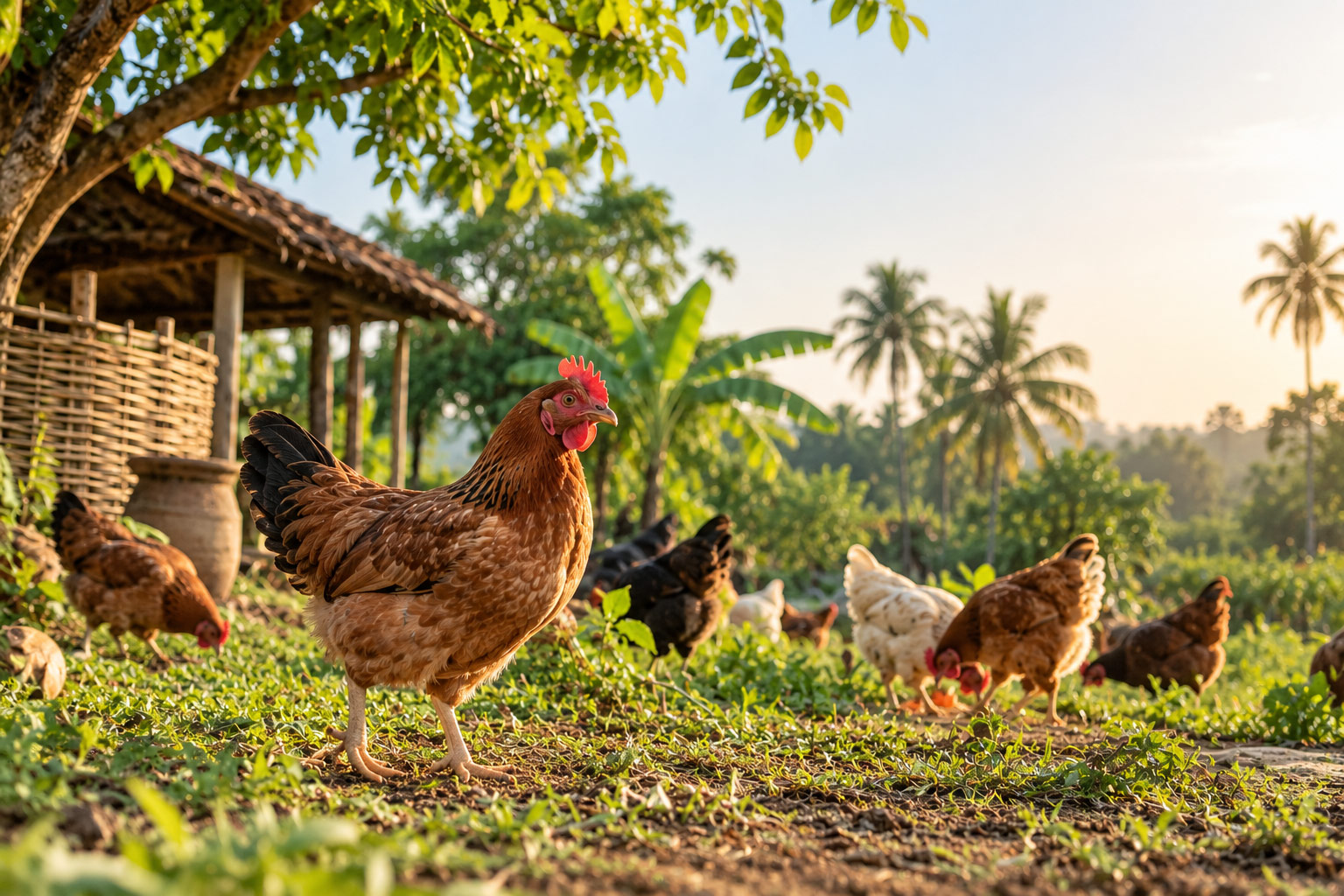 Hens roaming a green farm yard